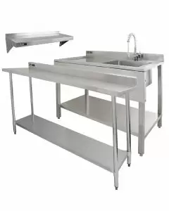 6ft Stainless Steel Catering Bench, Stainless Steel Sink - Left Hand Drainer & 2 x Wall Mounted Shelves 